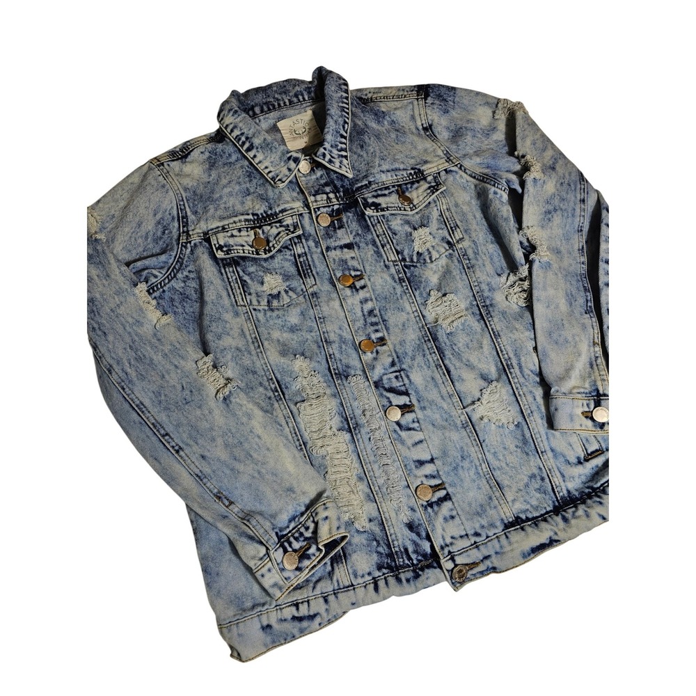 Fantastic Fawn Acid Wash Distressed Denim Jacket Light Blue Jean Trucker Medium